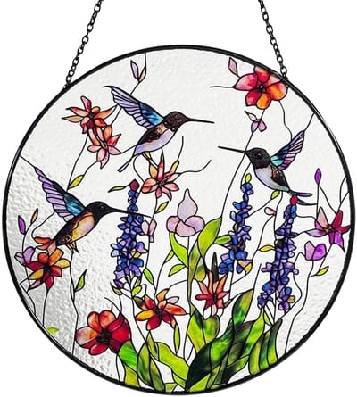Dailygoods- Zonvanger 20 cm - Kleurrijk Acryl Paneel - Lichtvanger voor Binnen/Buiten - Woondecoratie voor Vogelliefhebbers - Inclusief Hangketting - Handgemaakt met Kolibries en Bloemen