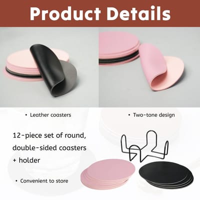 set van 12, dubbelzijdige onderzetters van kunstleer met houder, antislip, beschermt oppervlakken tegen vlekken en krassen, ideaal voor dranken, vazen en flessen