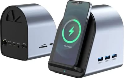 DrPhone PowerBoost – 9 In 1 Hub – 15W Draadloos Opladen – 3x USB 3.0 – Kaartlezer MicroSD/SD – USB-C 100W – HDMI 4K Ingang – 3.5MM Aux – RJ45 Ethernet Gigabit Poort - Zilver