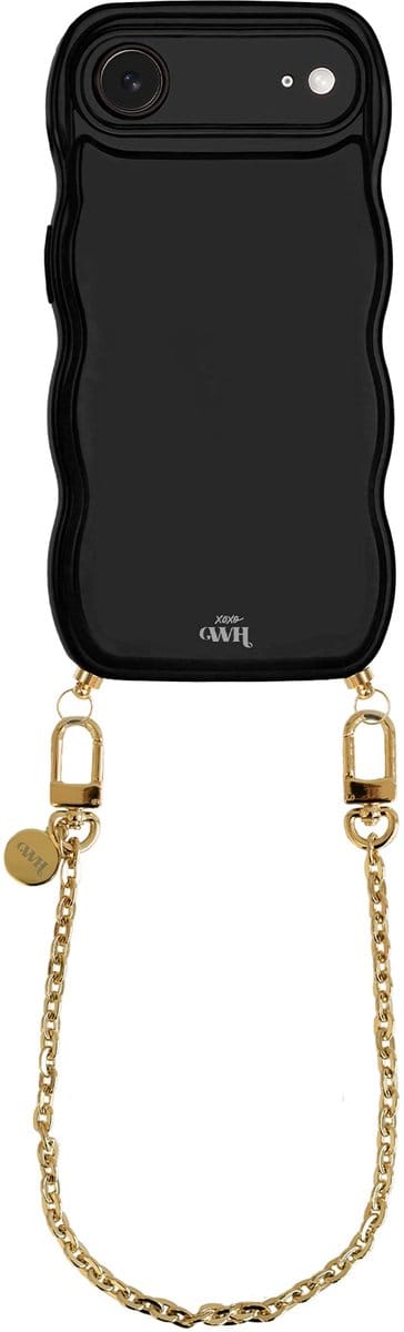 xoxo Wildhearts Glossy Wavy Cord Case Zwart - Geschikt voor iPhone 17 Air - Dreamy - Kort koord - Glimmend telefoonhoesje met golven - Hoesje met koord - Gouden ketting - kort telefoonkoord - Zwart hoesje - Korte variant koord