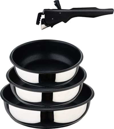 Bergner Click&Cook - Pannenset 4 - stuks 18, 20 en 24 cm + Afneembare handgreep - Roestvrij staal met antiaanbaklaag - Voor alle kookplaten en ovens - Koekenpan