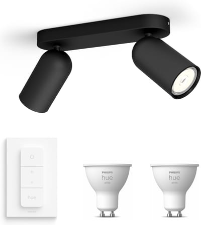 Philips Hue Pongee Opbouwspot (Zwart) - Warmwit Licht - Incl. Hue Dimmer Switch - Plafondspot met 2 Lichtpunten - GU10 - Hue White