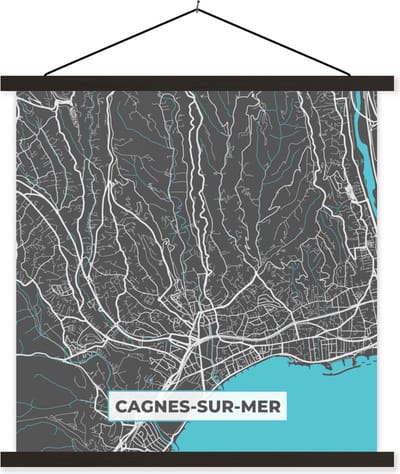 Posterhanger incl. Poster 60x60 cm - Schoolplaat - Cagnes-sur-Mer - Frankrijk - Plattegrond - Kaart - Stadskaart - Textielposter - Zwarte latten - Stadskaart