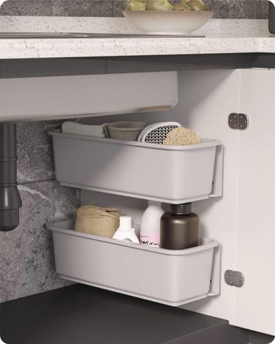 Famanu - Uittrekbare kastorganizer set van 2 met schuifmanden voor keuken badkamer en onder wastafel grijs