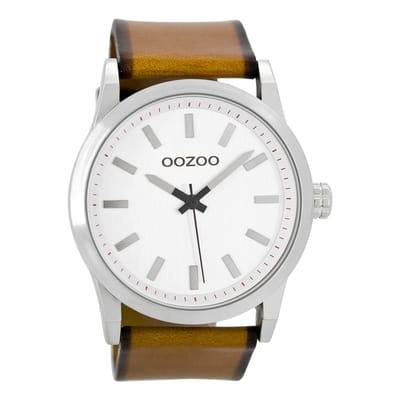 OOZOO Timepieces - Zilverkleurige horloge met cognac leren band - C7036