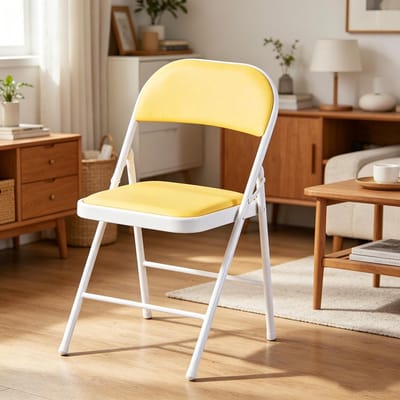 Klapstoel met zacht PU zitkussen geel stalen frame afmeting 47x45x79 cm draagvermogen 150 kg ergonomisch zitvlak voorkomt vermoeidheid bij langdurig zitten thuis kantoor en evenementen
