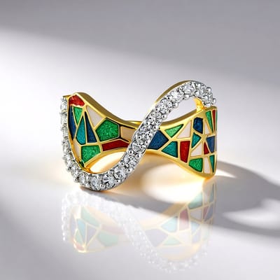 Cavill - Vergulde Sterling Zilveren Ring met 19 Cambodjaanse Zirkonia's (0,599 ct) - Modern Mozaïekdesign - Opvallende Colorful Zilveren Sieraad