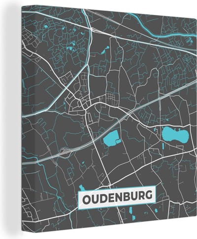 Canvas Schilderij België – Oudenburg – Stadskaart – Kaart – Blauw – Plattegrond - 20x20 cm - Wanddecoratie