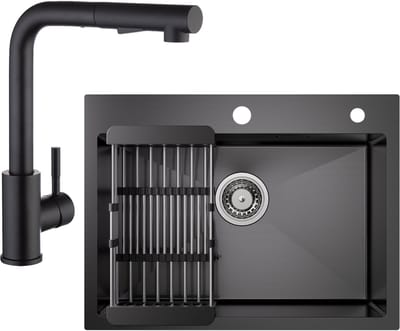 CECIPA max Spoelbak Keuken 60x45cm - Spoelbakken Keuken Met Keukenkraan Met Uittrekbare Uitloop - Multifunctionele spoelbak van roestvrij staal - Spoelbakken met Afdruip - Antraciet