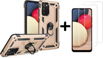 Hoesje Geschikt Voor Samsung Galaxy A02s Hoesje kickstand Armor met Ring houder TPU backcover hoesje - Goud met Galaxy A02S screenprotector 2 pack
