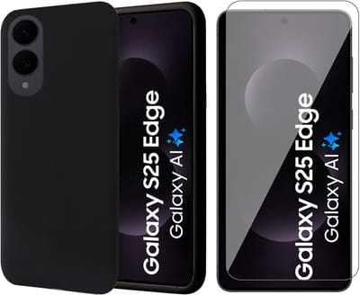 Hoesje geschikt voor Samsung Galaxy S25 Edge - Screenprotector Glas - Mat Back Case Zwart