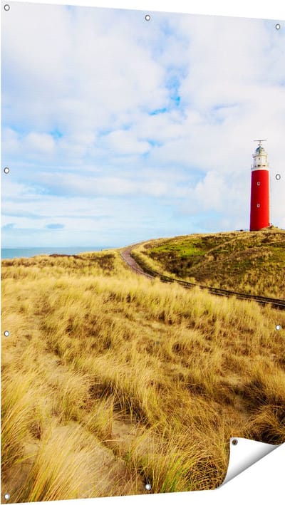 Gards Tuinposter Vuurtoren met Duinen in Texel - 100x150 cm - Tuindoek - Tuindecoratie - Wanddecoratie buiten - Tuinschilderij