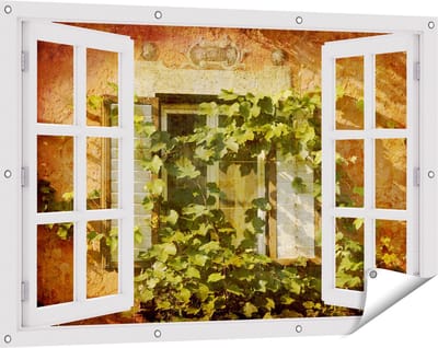 Gards Tuinposter Doorkijk Raam met Luiken - 120x80 cm - Tuindoek - Tuindecoratie - Wanddecoratie buiten - Tuinschilderij