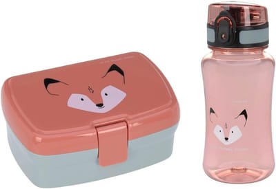 SnelShoppen - Lunch Set met Lunchbox en Drinkfles (460 ml) voor Kinderen - Perfect voor School, Picknick en Uitjes - Rood met Vos Motief - Duurzaam en