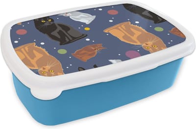 Broodtrommel Blauw - Lunchbox - Brooddoos - Patronen - Kat - Ruimte - Jongens - Meisjes - Kinderen - Kids - 18x12x6 cm - Kinderen - Jongen