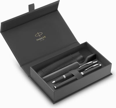 Parker IM Duo Pen Gift Set | Fountain Pen Ballpoint Pen & Pen Pouch | Black Lacquer Finish with Chrome Trims | Medium Tip