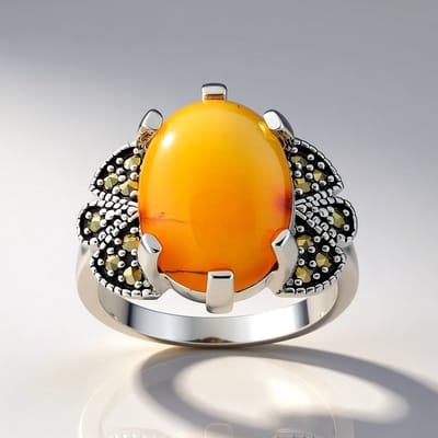 Cavill - Zilveren ring met 5,44 ct ovale carneool en 14 marcasieten pavé - 925 Sterling zilver - Elegant Madagaskar sieraad