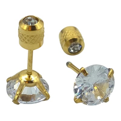 Gold-plated Oorstuds met Grote Briljant Geslepen CZ Steen van 7 mm – Hypoallergeen Verguld Staal – Tweezijdig te Dragen met Steentje in Sluiting – Goudkleurig