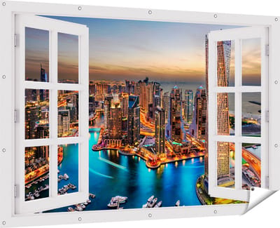 Gards Tuinposter Doorkijk Dubai Haven met de Stad - 180x120 cm - Tuindoek - Tuindecoratie - Wanddecoratie buiten - Tuinschilderij