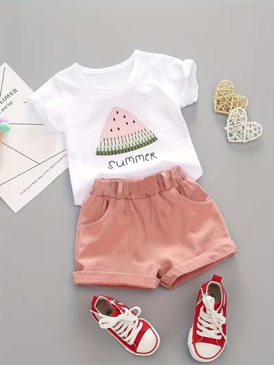 Meisjes set maat 12-24 mnd. - 86-92 - Zomer - Ronde Hals - Watermeloen - Print - Korte Mouw - Casual - Shorts - Tweedelige Set, Perfect voor Buiten - Roze