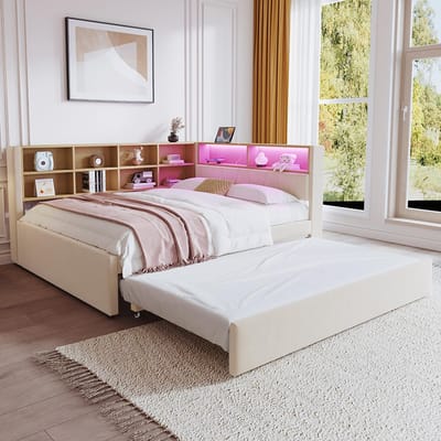 Pugsdrly Tweepersoonsbed slaapbank volwassenen bed 140x200 onderschuifbed 90x190 met USB-aansluiting en talrijke opbergvakken beige