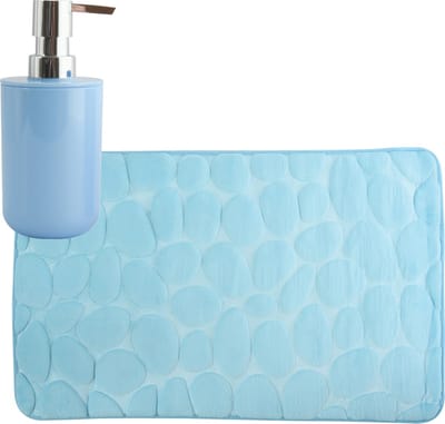 MSV badkamer droogloop mat/tapijt Kiezel motief - 50 x 80 cm - zelfde kleur zeeppompje 260 ml - lichtblauw