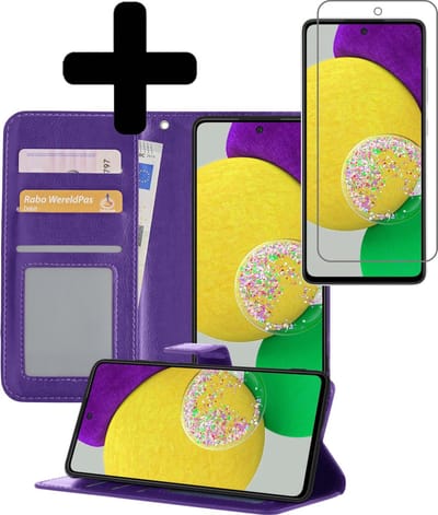 Hoesje - Met Screenprotector - Geschikt voor Samsung Galaxy A52s 5G - Luxe Pasjeshouder - Bookcase Portemonee - Flip Case - Kunstleer Book Case - Flipcase - Book Cover - Walletcase - Portemonneehoes - Telefoonhoesjes - Paars