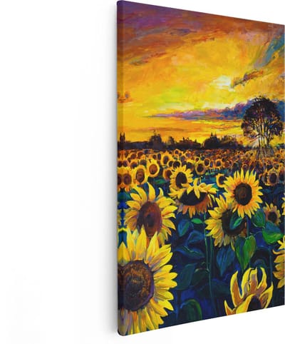Artaza Canvas Schilderij Zonnebloemenveld - 80x120 cm - Groot - Wanddecoratie Zonsondergang - Muurdecoratie Landschap - Schilderijen Natuur