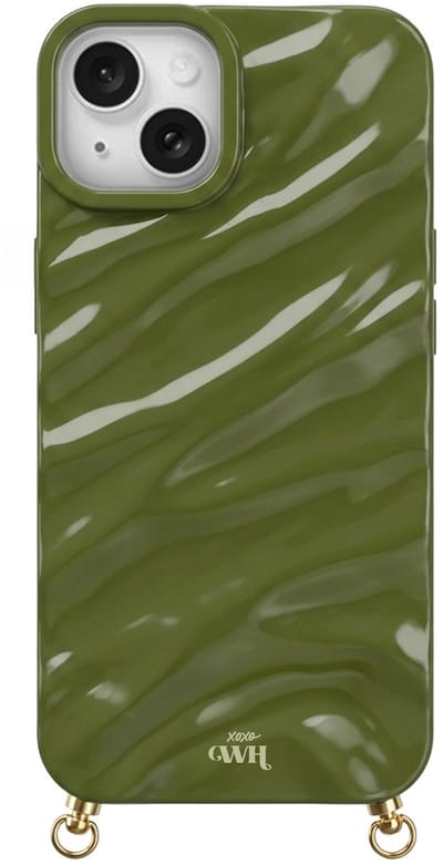 xoxo Wildhearts Glaze Cord Case Green telefoonhoesje - geschikt voor iPhone 13 - Dream hoesje geschikt voor telefoonkoord - Glimmende silicone case met plooien - Vlekbestendig hoesje met haakjes - Groen