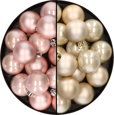 32x stuks kunststof kerstballen mix van lichtroze en champagne 4 cm - Kerstversiering