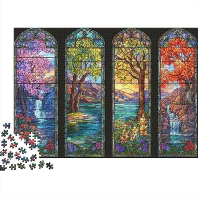 Landschap Puzzel - Stained Glass - Familie Ontspanning - Duurzaam Materiaal - 70 x 50 cm - Vier Seizoenen