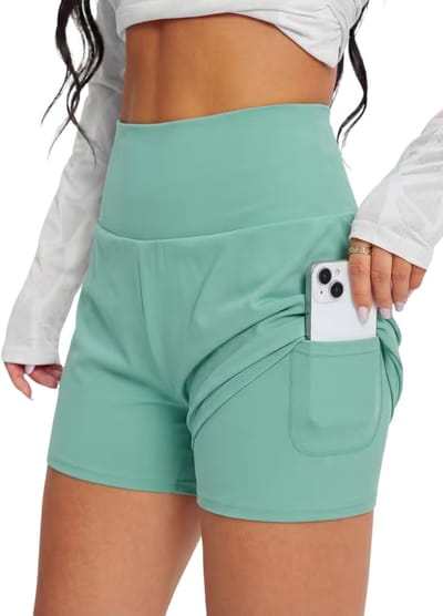 SparkNine Breeze dames short - sportshort - met telefoonzak - dubbellaags met binnenshort - S - groen - fitness - hoge taille - ademend & sneldrogend