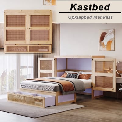 VVBV Opklapbed 140x200 cm - Opbergruimte, App-bediening, Lattenbodem, Voor Kinderen/Tieners - Hout/Rotanlook Naturel