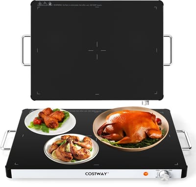 COSTWAY Elektrische warmhoudplaat, voedselwarmer met instelbare temperatuur 30 °C - 120 °C en gehard glas, warmhoudcontainer, buffetwarmer voor feestjes, buffetten (L, 61 x 42 x 4 cm)