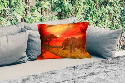 Buitenkussens - Tuin - Olifant - Zonsondergang - Oranje - Savanne - Dieren - 50x30 cm
