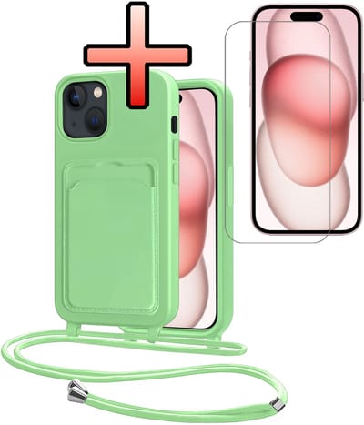 Hoes Geschikt voor iPhone 15 Plus Hoesje Pasjeshouder Cover Met Koord Case Siliconen Hoes Met Telefoonkoord en Kaarthouder Met Screenprotector - Groen