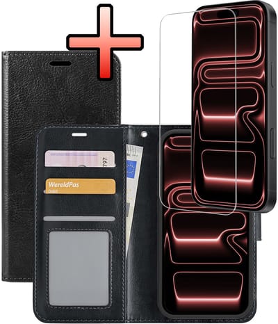 Hoesje - Met Screenprotector - Geschikt voor Apple iPhone 17 Pro - Luxe Pasjeshouder - Bookcase Portemonee - Flip Case - Kunstleer Book Case - Flipcase - Book Cover - Walletcase - Portemonneehoes - Zwart