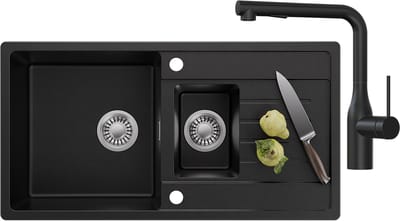 CECIPA MAX Spoelbak voor keuken 86x45CM - Granieten Keuken - 1.5 Spoelbakken Keuken Met Keukenkraan met Uittrekbare Uitloop - Gootsteen Met Waterafvoersysteem - Wasbak Keuken - Krasvast en Hittebestendig - Zwart
