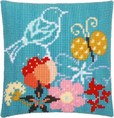Kruissteekkussen kit Vogel en vlinder in blauw - Vervaco - PN-0157118