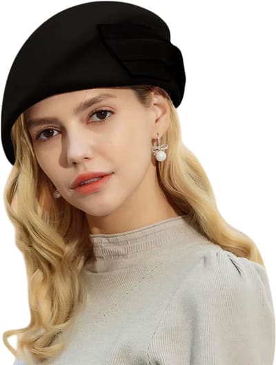 Vintage Franse Wol Baret Dames – Zwarte Vilten Fedora Hoed met Grote Boog – Elegante Winterhoed voor Kerk, Bruiloft en Feest – Modieuze Hoed voor Vrouwen