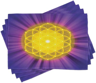 ABAKUHAUS Paarse mandala-tafelmatten – Heilige Geometrie in het motief „Levensbloem“ met paarse schaduwstralen, gemaakt van kleurvaste stof, veelkleurig, geschikt voor eetkamer en keuken