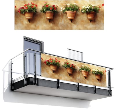Balkonscherm 300x100 cm - Balkonposter Bloempotten - Muur - Vintage - Balkon scherm decoratie - Balkonschermen - Balkondoek zonnescherm