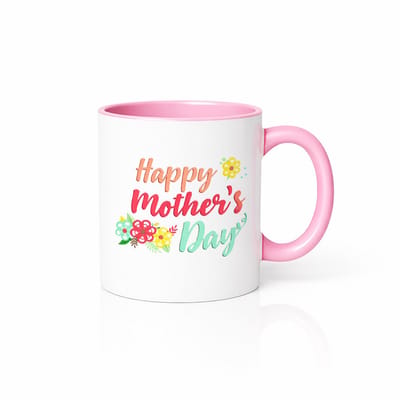 Lieve Moederdag Keramische Mok - Bloemen Happy Mother's Day Ontwerp - 330ml - Wit met Roze Oor/Binnenkant