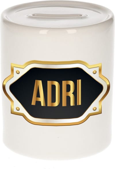 Spaarpot met voornaam Adri - wit - met goud/zwart embleem - 8 x 9 cm - keramiek - met afsluitdop - cadeau verjaardag