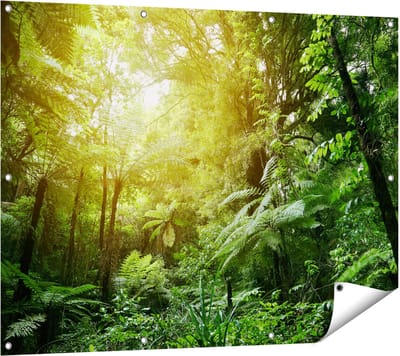 Gards Tuinposter Tropische Jungle met Zonneschijn - 120x90 cm - Tuindoek - Tuindecoratie - Wanddecoratie buiten - Tuinschilderij