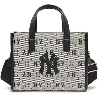 MLB New York Yankees Groot Logo Verstelbare Schouderband Vintage Letterprint Kunstleer Tote Tas Dames Tote Tassen Zwart Grijs 3AORS013N-50BKS Black Gray gray