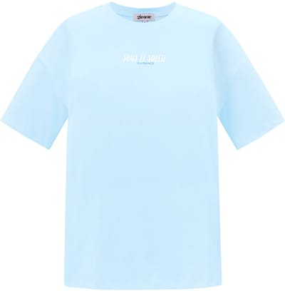 Comfortabel Katoen Gebreid Dames T-shirt met "Sous Le Soleil" Rugprint - Blauw - Maat S