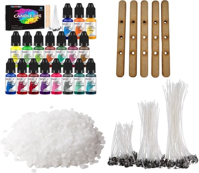 Paraffine wax in pastilles (Zeer geschikt voor kaarsen & paraffinebad) – 2,5 kilo - A1 kwaliteit – 18 Kleurstof - 10 ml per flesje - Set - 25 Kaarslonthouders - 150 kaarslonten