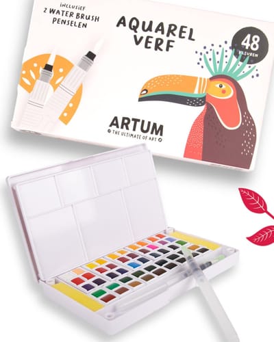48 Kleuren Aquarelverf Beginner Set  - Inclusief 2 Water Brush Pennen  - Waterverf Pakket Volwassenen & Kinderen  - Waterbrush