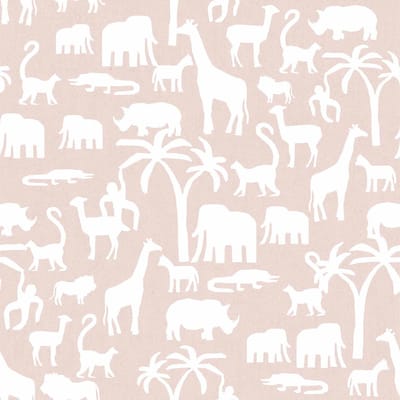 Behang - Kinderkamer – Dieren – Silhouetten – Wit – Beige - Safari Dieren- Babykamer - Kinderbehang - 0,53 x 10,05 M